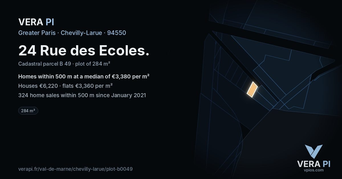 24 Rue des Ecoles, Chevilly-Larue at night – the plot lit, the parcels around coloured by the prices near them