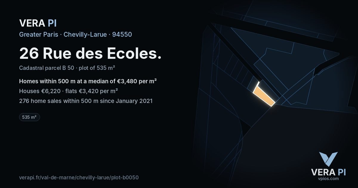 26 Rue des Ecoles, Chevilly-Larue at night – the plot lit, the parcels around coloured by the prices near them