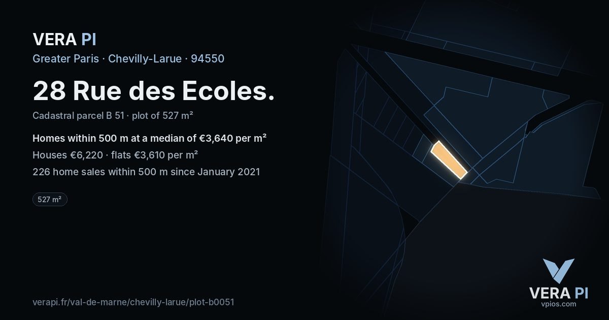 28 Rue des Ecoles, Chevilly-Larue at night – the plot lit, the parcels around coloured by the prices near them