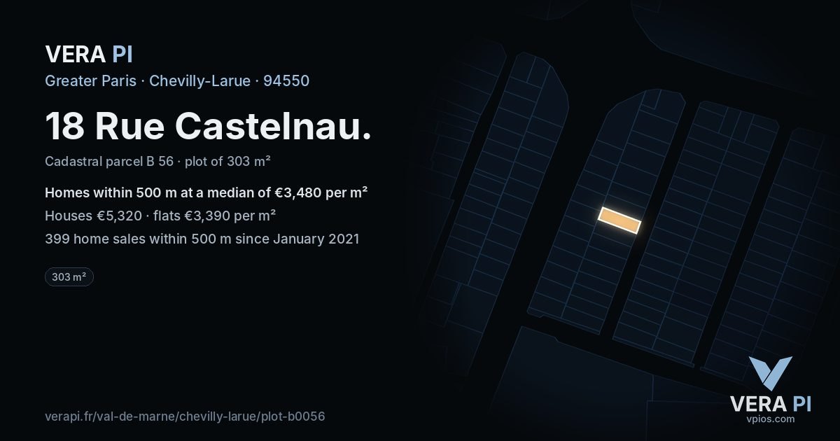 18 Rue Castelnau, Chevilly-Larue at night – the plot lit, the parcels around coloured by the prices near them
