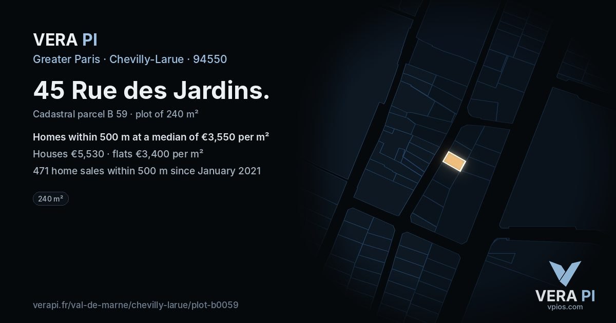 45 Rue des Jardins, Chevilly-Larue at night – the plot lit, the parcels around coloured by the prices near them