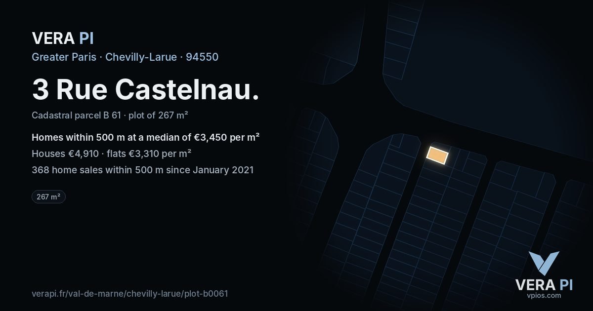 3 Rue Castelnau, Chevilly-Larue at night – the plot lit, the parcels around coloured by the prices near them