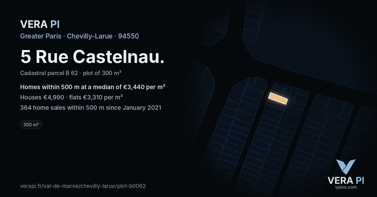 5 Rue Castelnau, Chevilly-Larue at night – the plot lit, the parcels around coloured by the prices near them