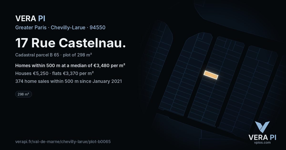 17 Rue Castelnau, Chevilly-Larue at night – the plot lit, the parcels around coloured by the prices near them