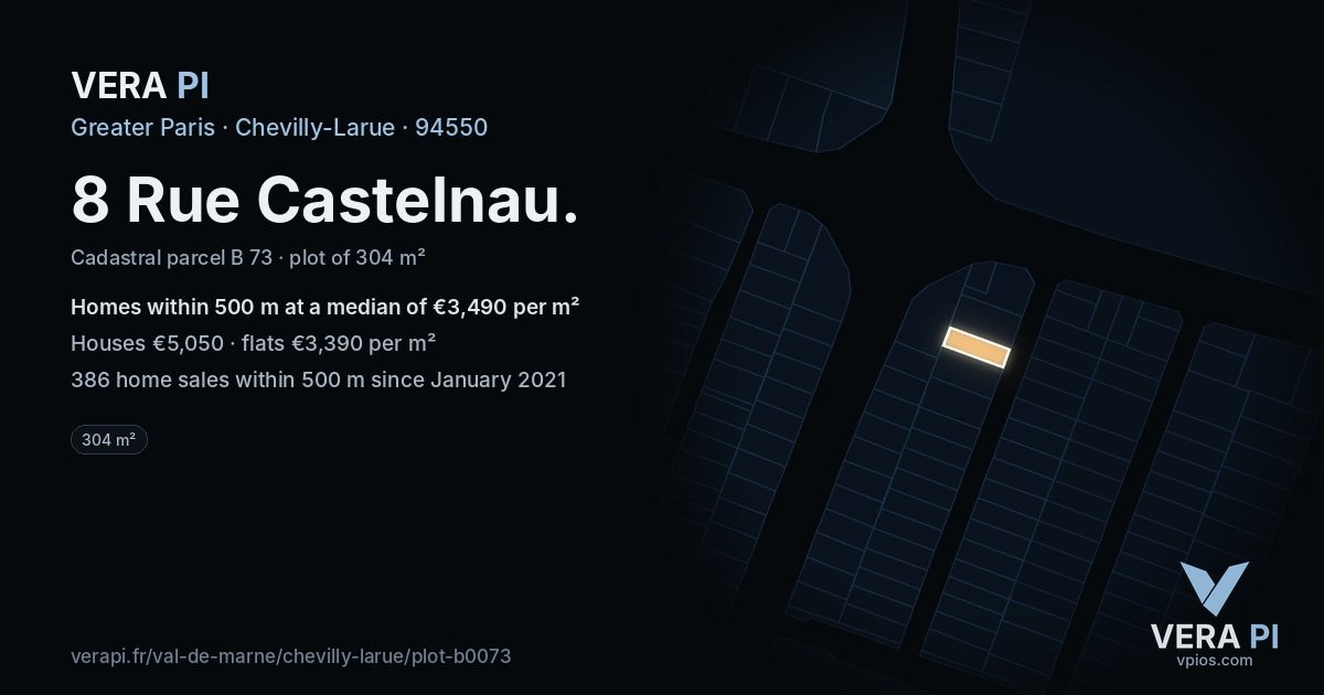 8 Rue Castelnau, Chevilly-Larue at night – the plot lit, the parcels around coloured by the prices near them