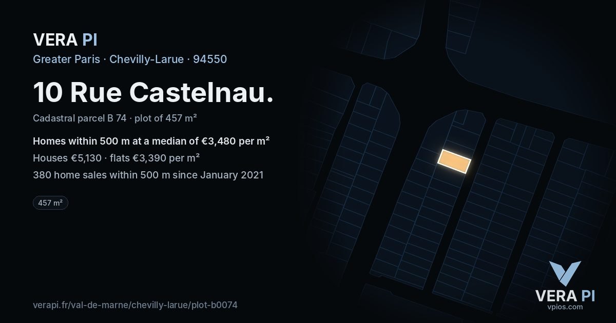 10 Rue Castelnau, Chevilly-Larue at night – the plot lit, the parcels around coloured by the prices near them