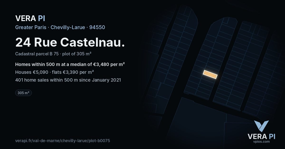 24 Rue Castelnau, Chevilly-Larue at night – the plot lit, the parcels around coloured by the prices near them