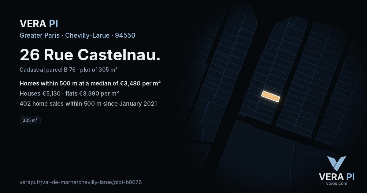 26 Rue Castelnau, Chevilly-Larue at night – the plot lit, the parcels around coloured by the prices near them