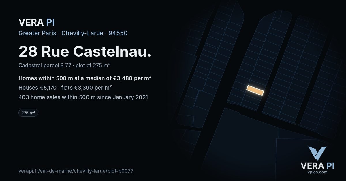 28 Rue Castelnau, Chevilly-Larue at night – the plot lit, the parcels around coloured by the prices near them