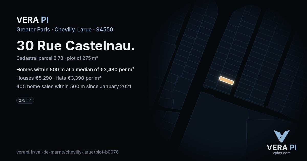 30 Rue Castelnau, Chevilly-Larue at night – the plot lit, the parcels around coloured by the prices near them