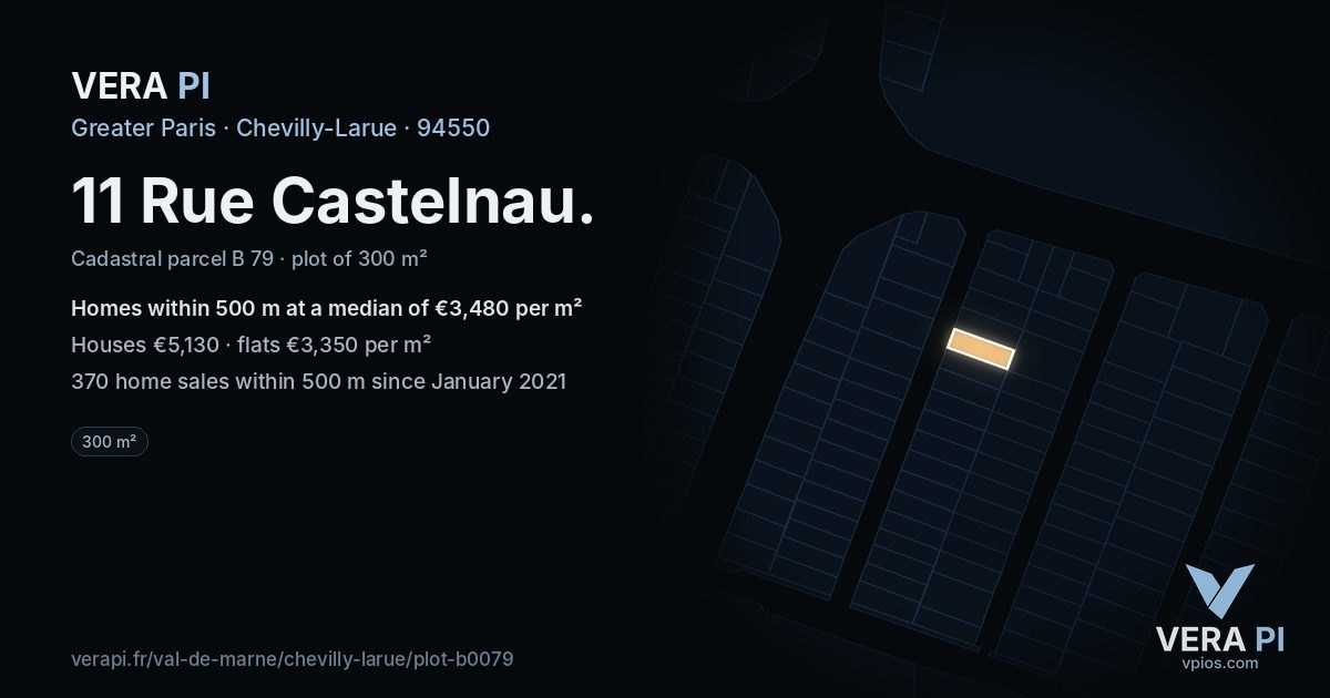 11 Rue Castelnau, Chevilly-Larue at night – the plot lit, the parcels around coloured by the prices near them