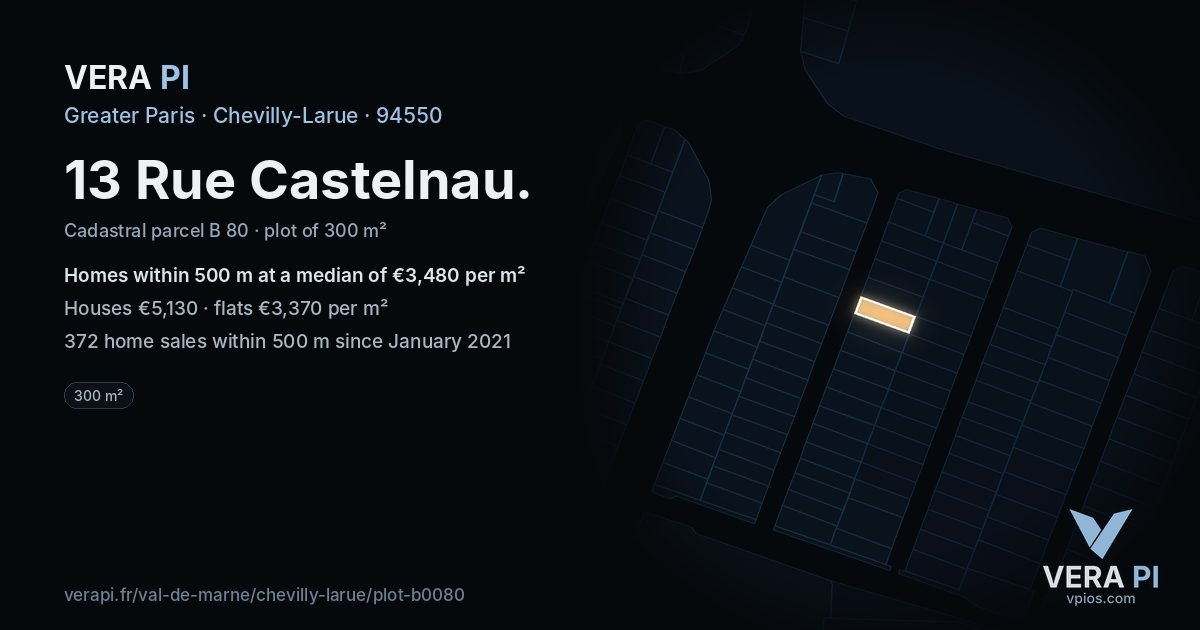 13 Rue Castelnau, Chevilly-Larue at night – the plot lit, the parcels around coloured by the prices near them