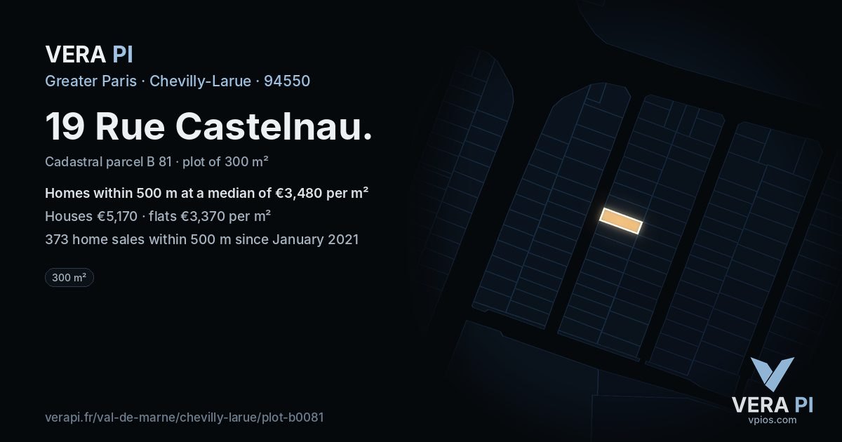 19 Rue Castelnau, Chevilly-Larue at night – the plot lit, the parcels around coloured by the prices near them