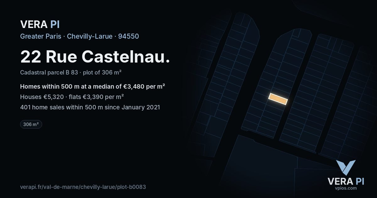 22 Rue Castelnau, Chevilly-Larue at night – the plot lit, the parcels around coloured by the prices near them