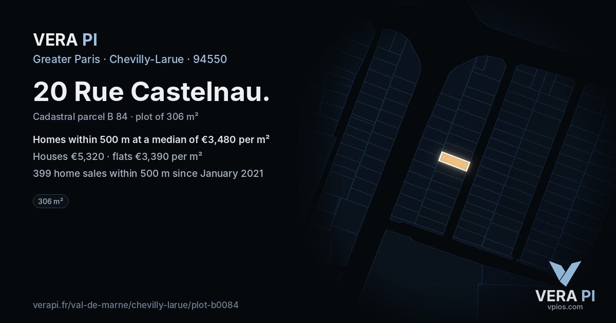 20 Rue Castelnau, Chevilly-Larue at night – the plot lit, the parcels around coloured by the prices near them