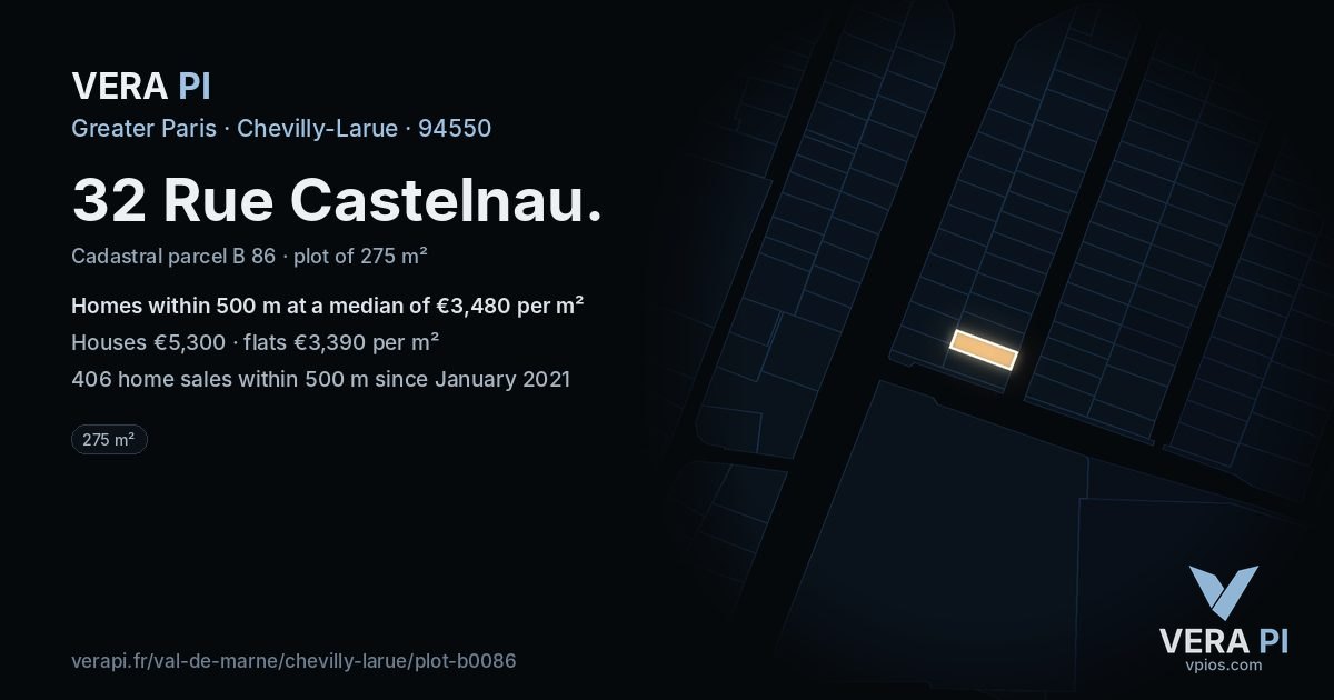32 Rue Castelnau, Chevilly-Larue at night – the plot lit, the parcels around coloured by the prices near them