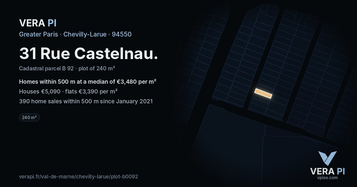 31 Rue Castelnau, Chevilly-Larue at night – the plot lit, the parcels around coloured by the prices near them