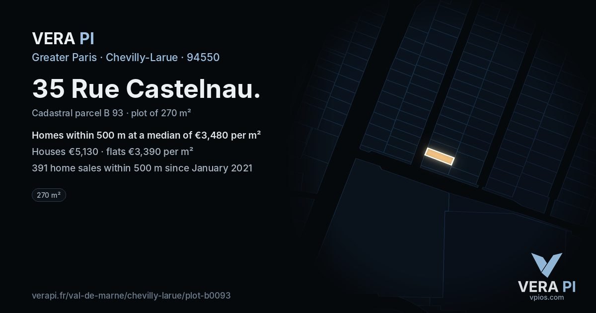 35 Rue Castelnau, Chevilly-Larue at night – the plot lit, the parcels around coloured by the prices near them