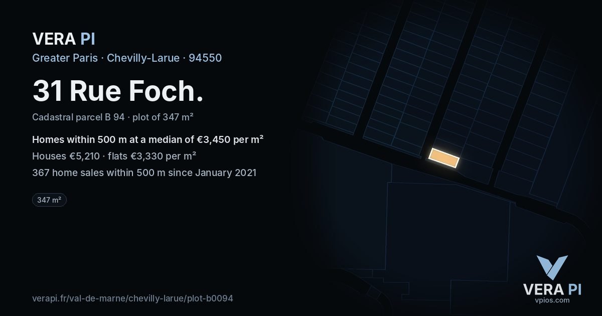31 Rue Foch, Chevilly-Larue at night – the plot lit, the parcels around coloured by the prices near them
