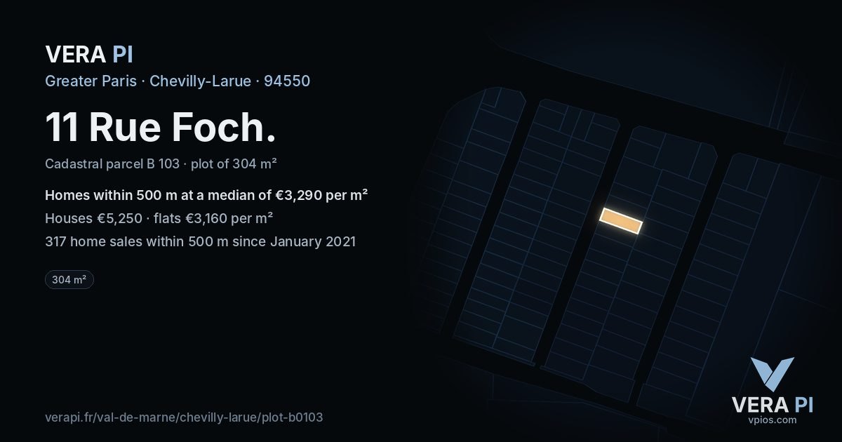 11 Rue Foch, Chevilly-Larue at night – the plot lit, the parcels around coloured by the prices near them