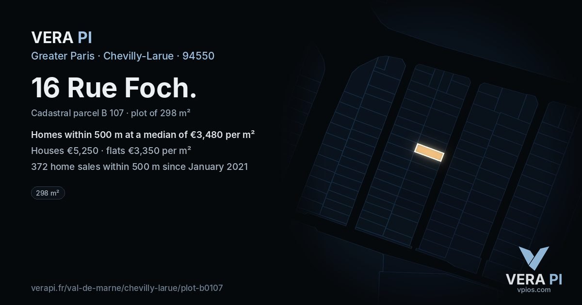 16 Rue Foch, Chevilly-Larue at night – the plot lit, the parcels around coloured by the prices near them