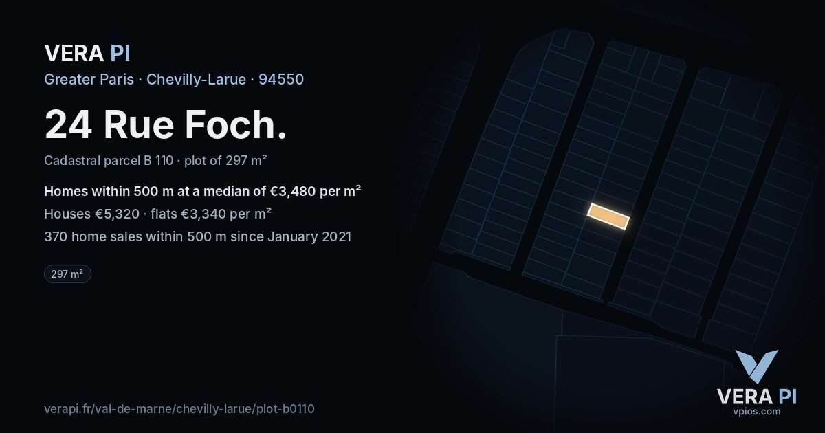 24 Rue Foch, Chevilly-Larue at night – the plot lit, the parcels around coloured by the prices near them