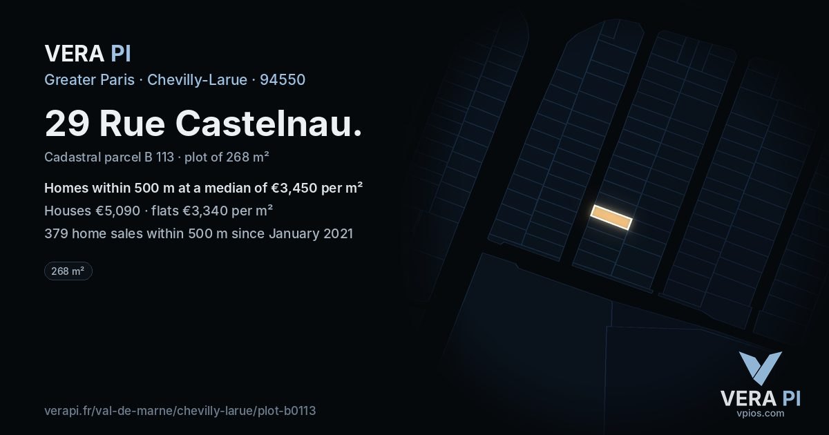 29 Rue Castelnau, Chevilly-Larue at night – the plot lit, the parcels around coloured by the prices near them