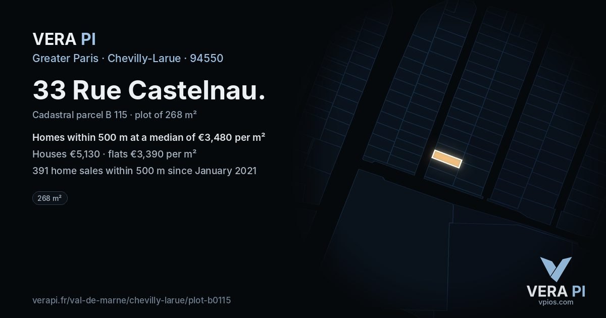 33 Rue Castelnau, Chevilly-Larue at night – the plot lit, the parcels around coloured by the prices near them
