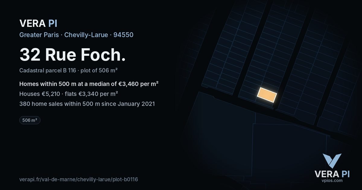 32 Rue Foch, Chevilly-Larue at night – the plot lit, the parcels around coloured by the prices near them