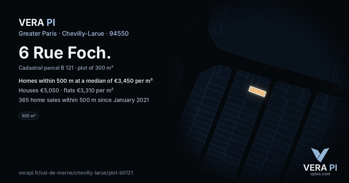 6 Rue Foch, Chevilly-Larue at night – the plot lit, the parcels around coloured by the prices near them