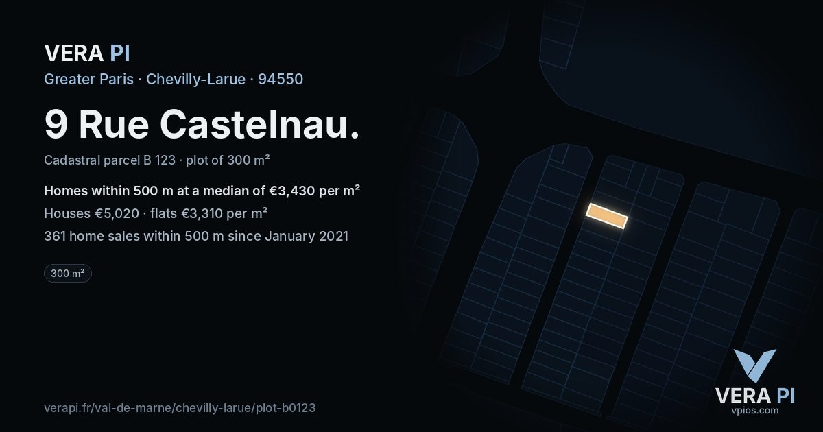 9 Rue Castelnau, Chevilly-Larue at night – the plot lit, the parcels around coloured by the prices near them
