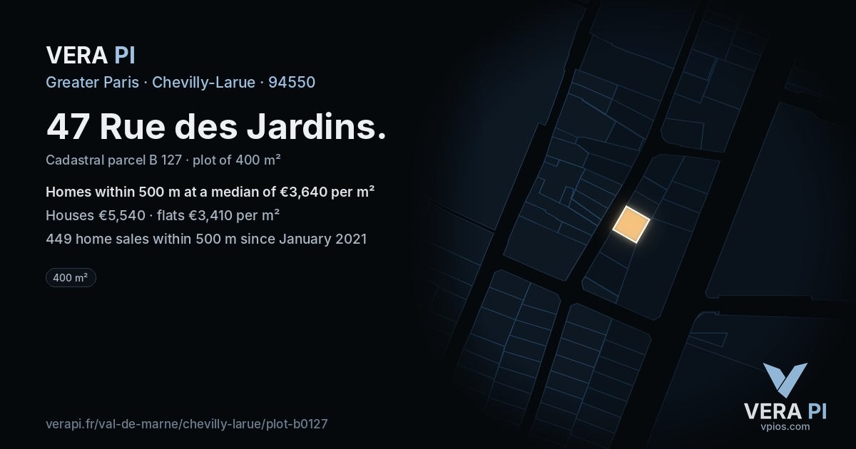 47 Rue des Jardins, Chevilly-Larue at night – the plot lit, the parcels around coloured by the prices near them