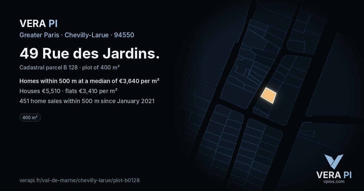 49 Rue des Jardins, Chevilly-Larue at night – the plot lit, the parcels around coloured by the prices near them