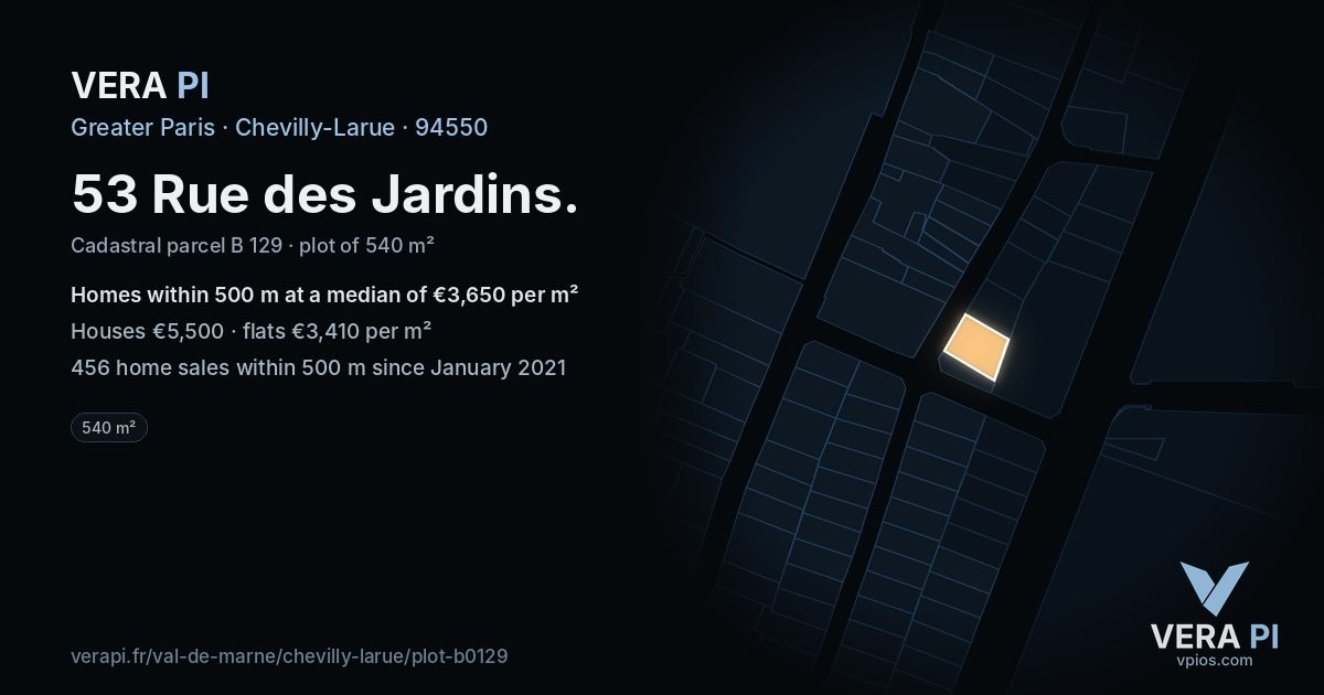 53 Rue des Jardins, Chevilly-Larue at night – the plot lit, the parcels around coloured by the prices near them