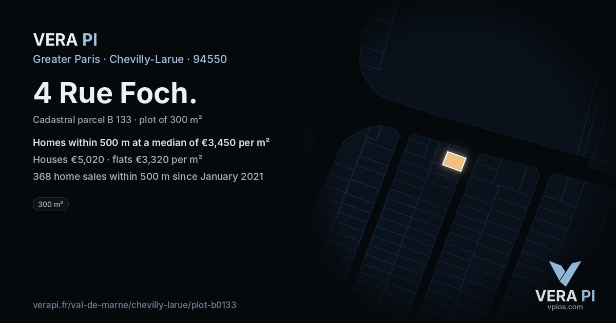 4 Rue Foch, Chevilly-Larue at night – the plot lit, the parcels around coloured by the prices near them