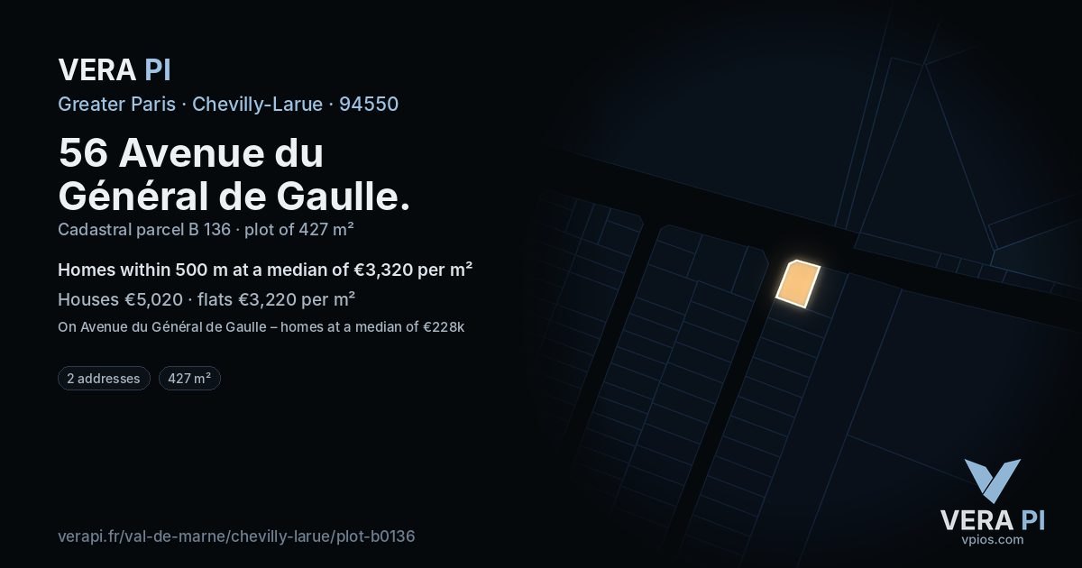 56 Avenue du Général de Gaulle, Chevilly-Larue at night – the plot lit, the parcels around coloured by the prices near them