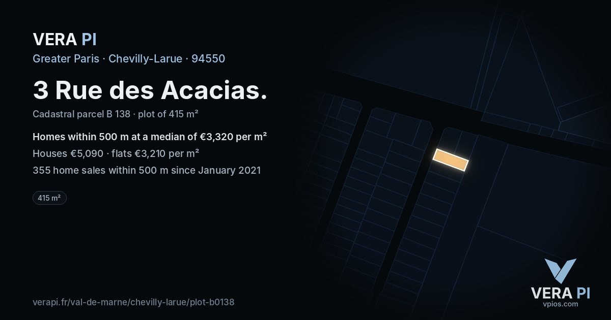 3 Rue des Acacias, Chevilly-Larue at night – the plot lit, the parcels around coloured by the prices near them