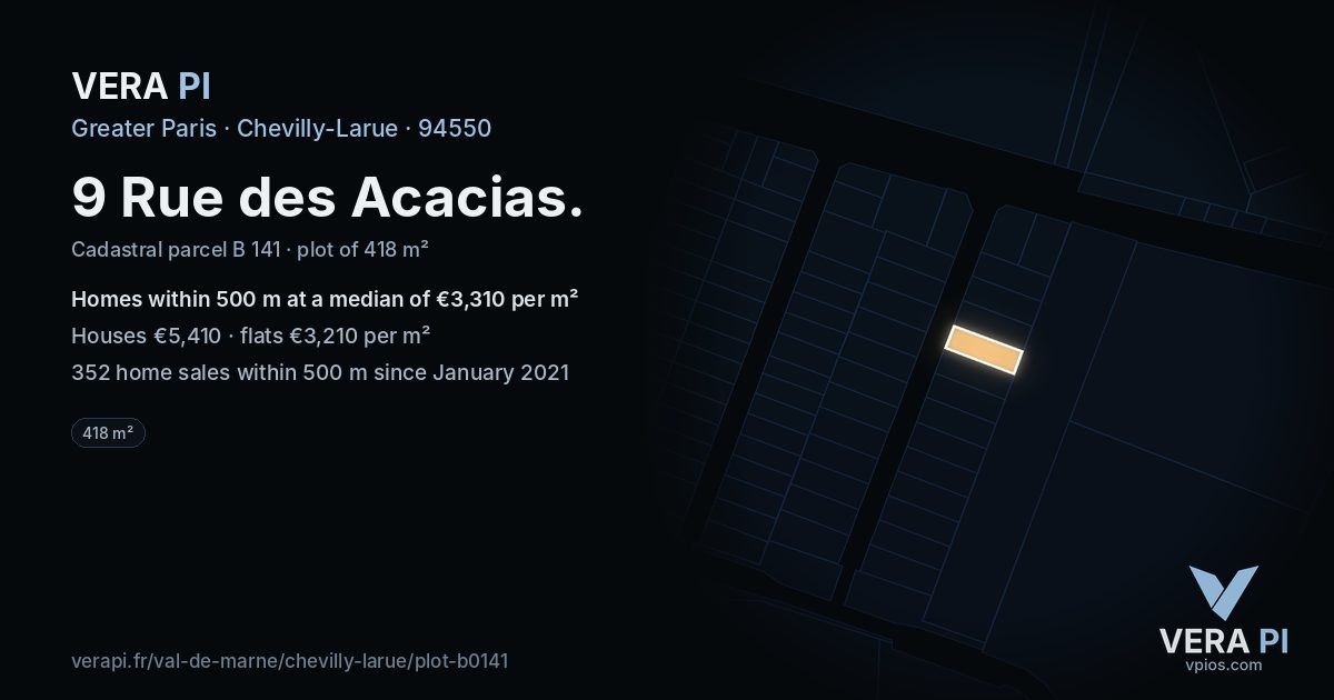 9 Rue des Acacias, Chevilly-Larue at night – the plot lit, the parcels around coloured by the prices near them