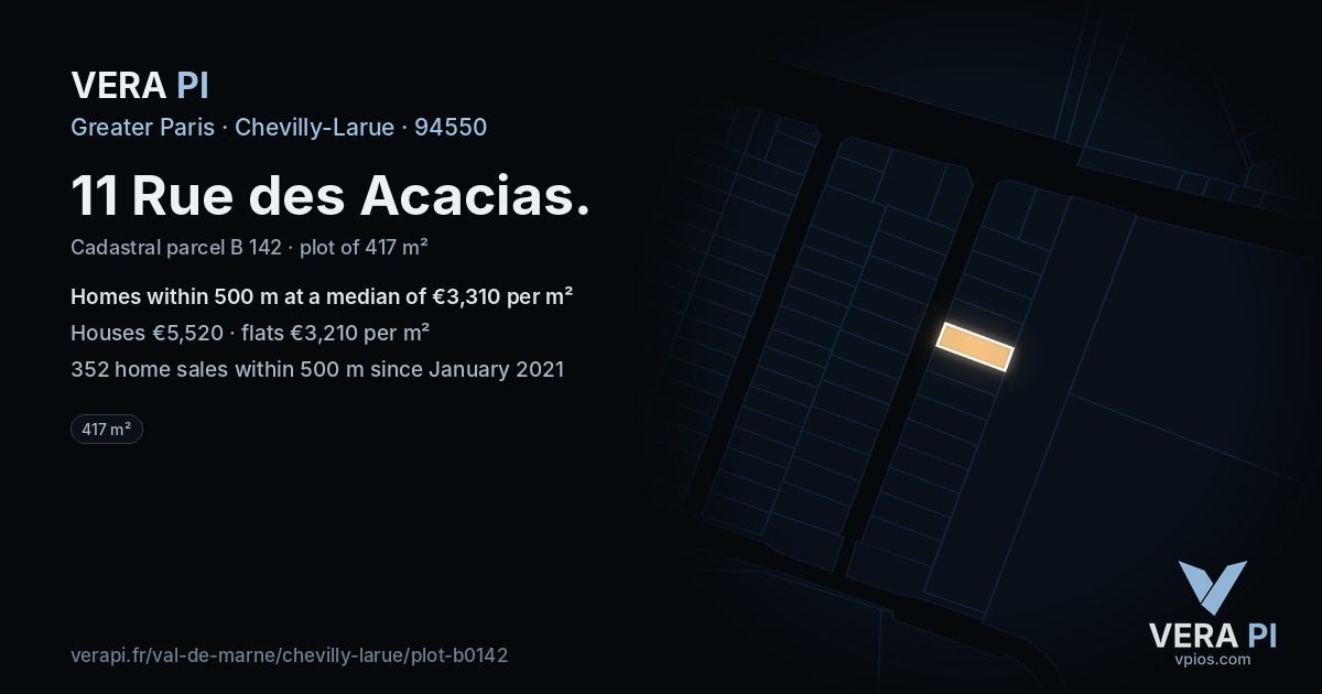 11 Rue des Acacias, Chevilly-Larue at night – the plot lit, the parcels around coloured by the prices near them