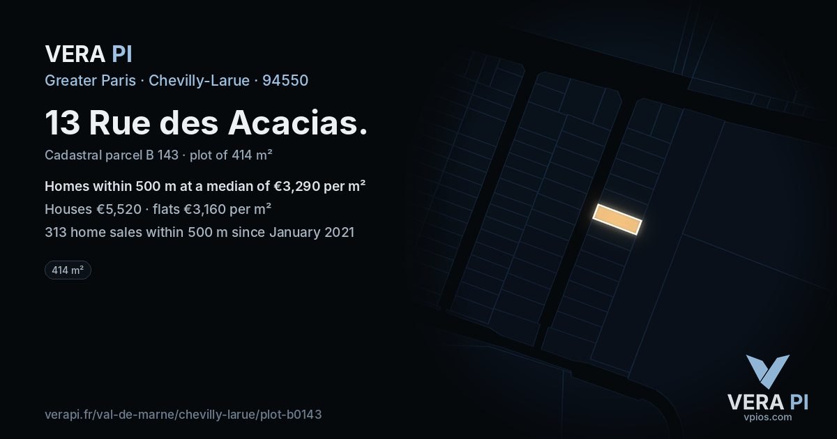 13 Rue des Acacias, Chevilly-Larue at night – the plot lit, the parcels around coloured by the prices near them