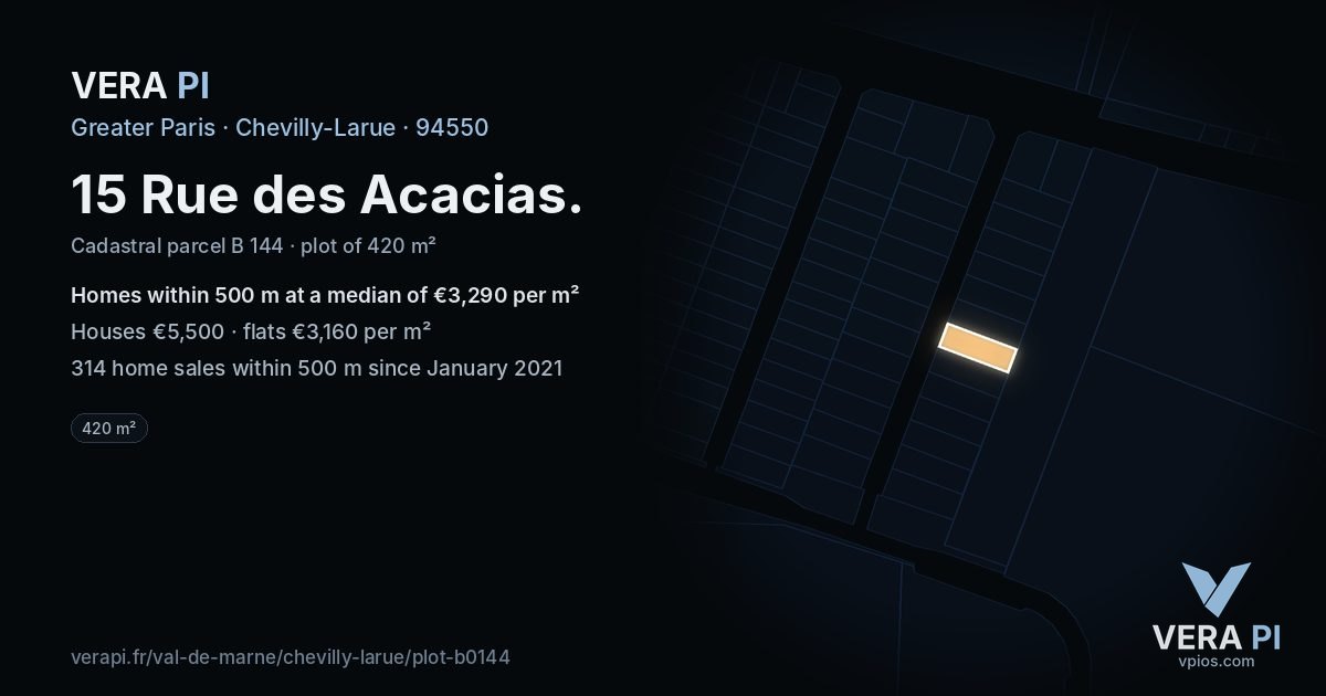 15 Rue des Acacias, Chevilly-Larue at night – the plot lit, the parcels around coloured by the prices near them