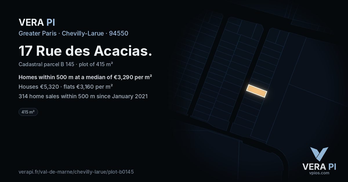 17 Rue des Acacias, Chevilly-Larue at night – the plot lit, the parcels around coloured by the prices near them