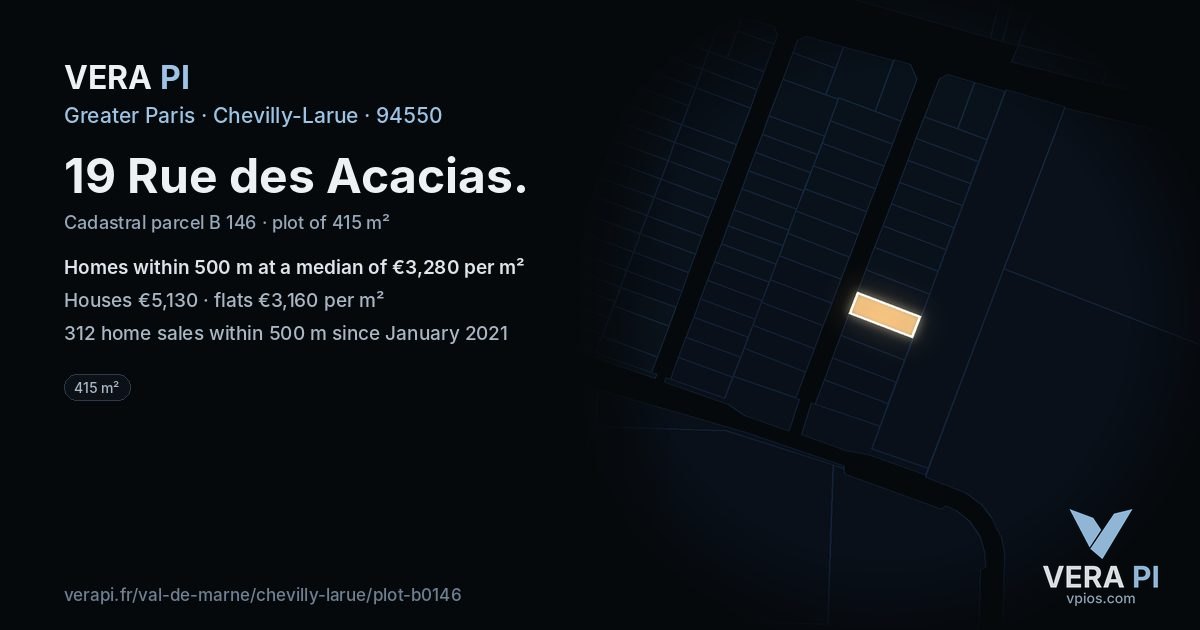 19 Rue des Acacias, Chevilly-Larue at night – the plot lit, the parcels around coloured by the prices near them