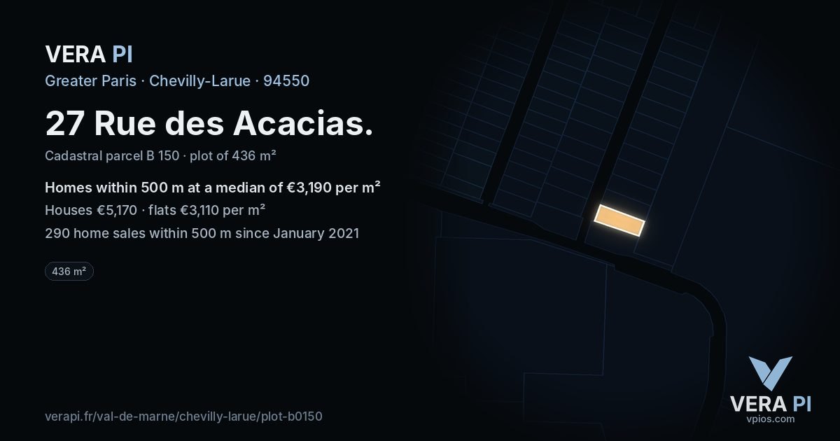 27 Rue des Acacias, Chevilly-Larue at night – the plot lit, the parcels around coloured by the prices near them