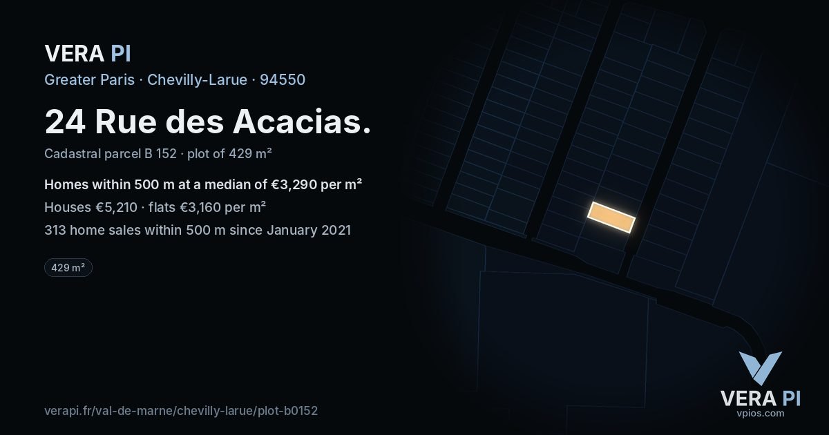 24 Rue des Acacias, Chevilly-Larue at night – the plot lit, the parcels around coloured by the prices near them