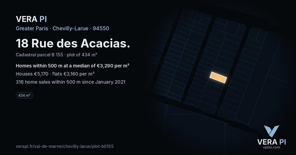 18 Rue des Acacias, Chevilly-Larue at night – the plot lit, the parcels around coloured by the prices near them