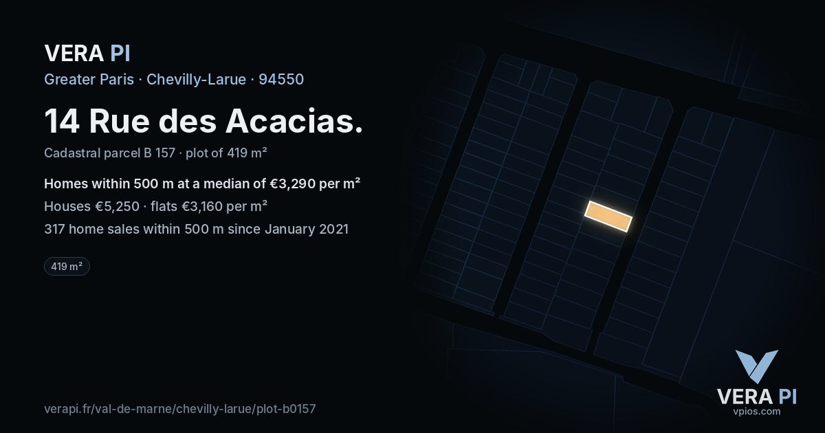 14 Rue des Acacias, Chevilly-Larue at night – the plot lit, the parcels around coloured by the prices near them