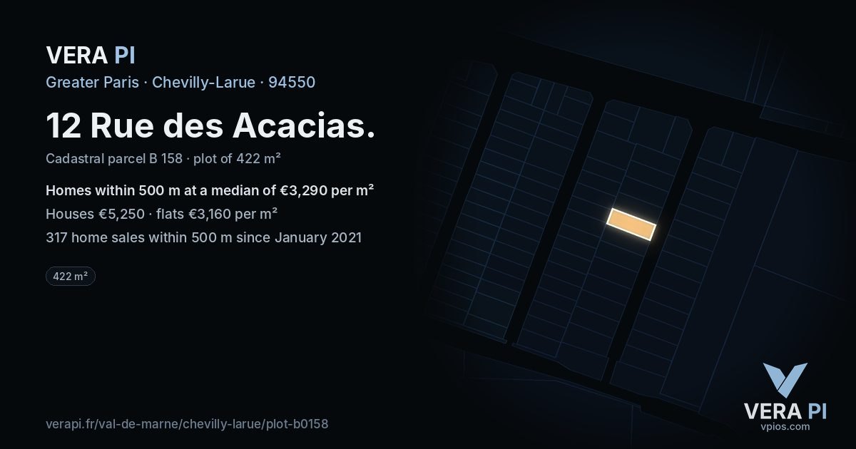 12 Rue des Acacias, Chevilly-Larue at night – the plot lit, the parcels around coloured by the prices near them
