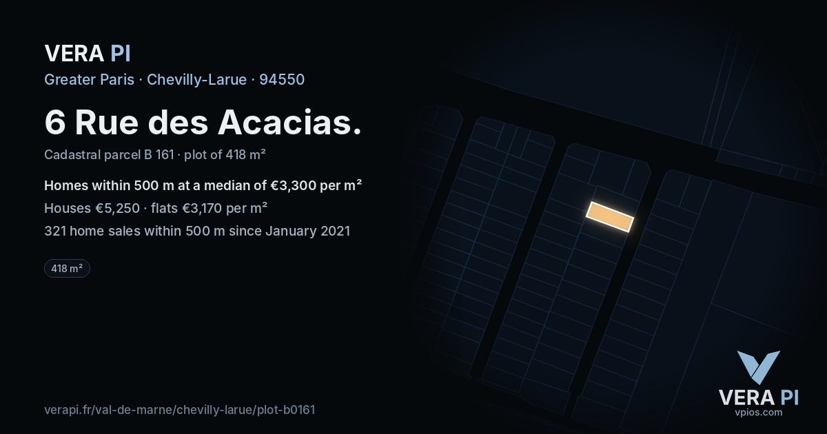 6 Rue des Acacias, Chevilly-Larue at night – the plot lit, the parcels around coloured by the prices near them