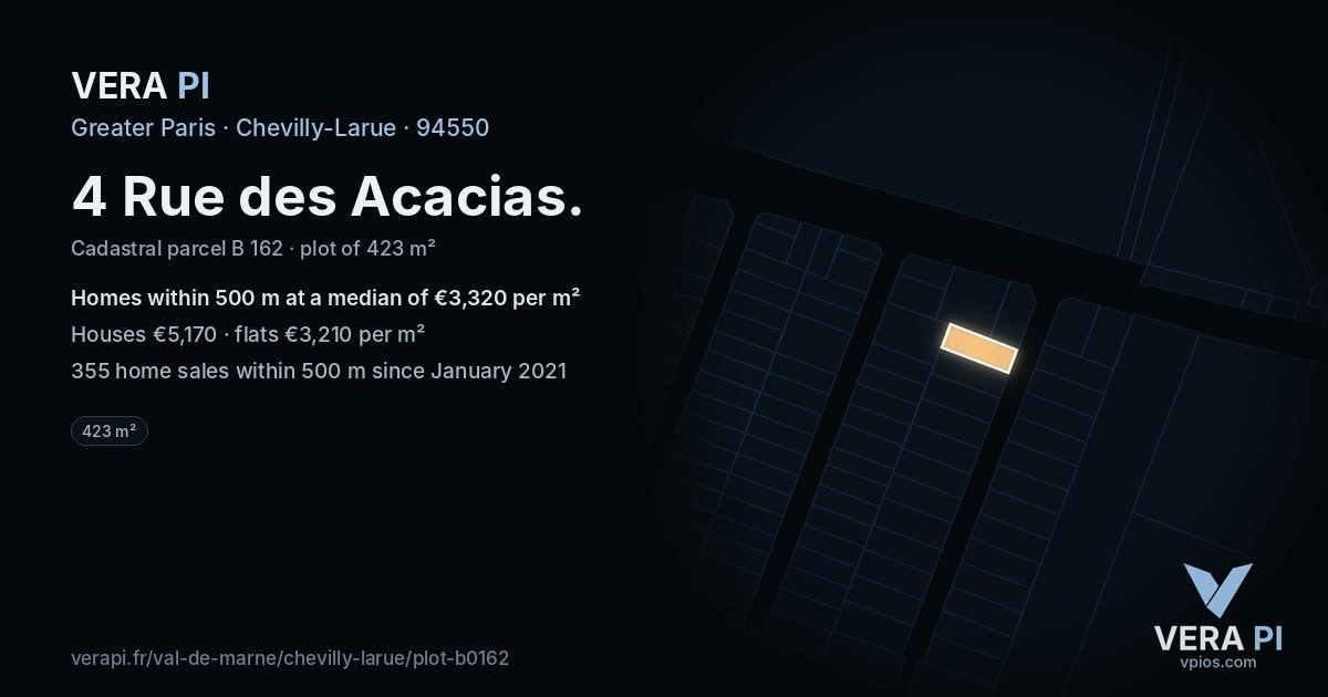4 Rue des Acacias, Chevilly-Larue at night – the plot lit, the parcels around coloured by the prices near them